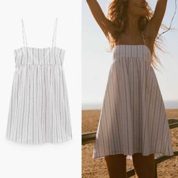 Za Rustic Cut Out Mini Dress Women Sleeveless Adjustable Straps Striped Summer Dress Woman Loose Elastic Beach Dresses 210602