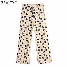 Zevity Women Vintage Floral Print Casual High Waist Wide Leg Pants Retro Female Chic Color Match Ankle Length Trousers P1108 210915
