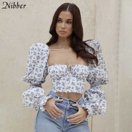 Nibber Elegant Romantic Small Floral Female Y2k Top Crop Top Sweet Slim High Streetwear Woman Casual Pleated Club Tees Autumn X0628