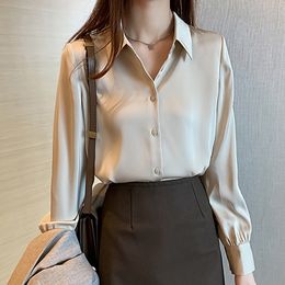 Korean Silk Women Shirts Blouses Long Sleeve Tops Plus Size Woman Satin Shirt Ladies White 210427
