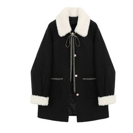 Lamb Wool Warm Winter Coat Women Long Jackets Turn-down Collar Single Breasted Pockets Korean Loose Female Thick Woollen Overcoat 211220