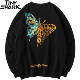 Men Hip Hop Sweatshirt Streetwear Pullover Embroidery Butterfly Sweatshirt Cotton Casual Hoodie Sweat Shirt Hipster Black 210715