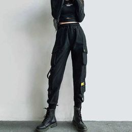 Women's Cargo Pants Black Ribbon Pocket Jogger Elastic Waist High Streetwear Harajuku Pant Punk Females Trousers Harem Pants Y0927