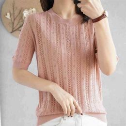 Pure cotton short-sleeved women's T-shirt short section loose hollow knitted cotton sweater summer new O-neck pullover sweater 210324