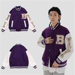 Mens Hip Hop Baseball Jacket Coats Big Letter B Bone Embroidery Patchwork Japan Korean Style Streetwear College Rock 211217