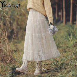 Summer Mesh Long Skirt Female High Waist Slim Temperament White Pleated Skirt Women Korean Style Long Saia Black Tull Midi 210619