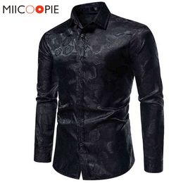 Black Rose Print Mens Shirts Luxury 2021 Long Sleeve Floral Paisley Silk Business Party Wedding Shirt Men Clothing Chemise Homme H1210