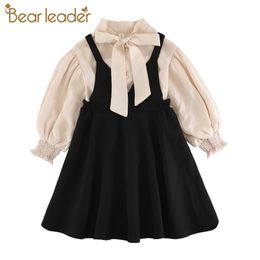 Fashion Kids Casual Costume 4-13T Girls Suspender Dress with Bowknot Teenager Girl Cute Princess Outfits Clothing 210429