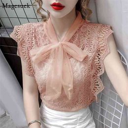 Sleeveless Hollow Out Lace Blouse Women Korean See Through Summer Tops Crochet Patchwork Shirt Female Clothing Blusas 9811 210512