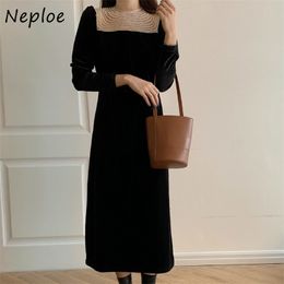 O Neck Beading Patchwork Elegant Dress Women High Waist Hip A Line Velour Party Long Vestidos Puff Sleeve Slim Robe 210422