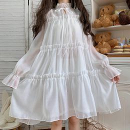 Casual Dresses Women Flare Sleeve Ruffle Lace Up Cute Girl Vestidos White Black Lolita Dress Japanese Soft Sweet Princess