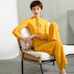 Formal Party Jumpsuit Rompers for Women High Waist Chiffon Elegant Yellow Colour Wide Leg Lace Up Suit Plus Size 3XL 4XL 210625