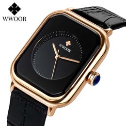 WWOOR Women's Square Watches Top Brand Luxury Ladies Dress Quartz Wristwatch Fashion Black Leather Montre Femme Reloj Mujer 210616