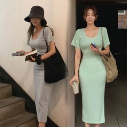 casual Dress for women Summer Green Korea Short Sleeve O neck cotton Sexy Ladies Slim knitted Party Midi Dresses 210602