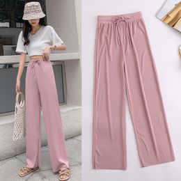 Women long Pants Summer Casual Soft Ice Silk Wide Leg elastic waist High Waisted loose Trousers pants 210524