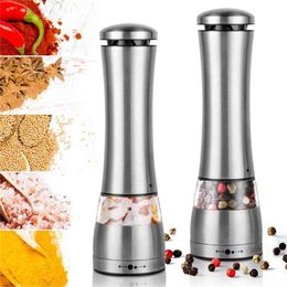1/2Pc Electric Automatic Mill Pepper and Salt Grinder LED Light Peper Spice Grain s Porcelain Grinding Core for Kitchen 210712