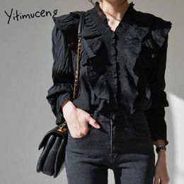 Yitimuceng Ruched Blouse Women Ruffles Office Lady Shirts Flare Sleeve Black Apricot Spring Summer Fashion Tops 210601
