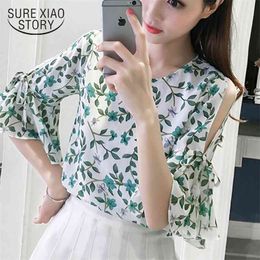 summer sweet printing chiffon women shirt blouse fashion o-neck women's clothing short sleeve tops blusas D714 30 210506