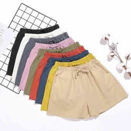 Women Shorts Casual Solid Cotton S-XL Fashion Simple Comfortable Linen High Waist Loose For Girls Soft Cool Female Shorts 210422