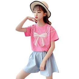Kids Clothes Girls Bow Tshirt + Short Costume For Summer Girl Outfit Casual Style Children's Set 210527