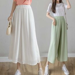 Korean Loose Chiffon Pleated Pants Women Summer Trousers 2021 High Waist Wide Leg Pants Female Culottes Pants For Women Q0801