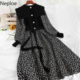 Neploe Spring O Neck Women Dress Vintage Knit Patchwork Chiffon Floral Temperament Dresses Office Lady Sashes Vestidos Femme 210422