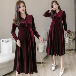 Maternity Dresses 2021 Vintage Wine Red Gold Velvet Dress Autumn And Winter High-end Temperament French Waist Thin Clothes