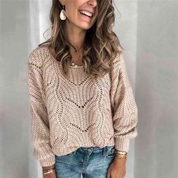 European and American Ladies Casual Long-sleeved Slim Round Neck Hollow Pullover Knitted Sweater Top 210806