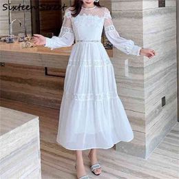 Lace Patchwork Ladies Elegant Dress For Woman Puff Sleeve High Waist Vintage Maxi Vestidos Autumn Female Spring Clothing L 210603