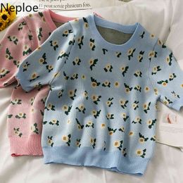 Neploe Shirts for Women Sweet Print Loose Tees O-neck Short Sleeve Knitted Tshirts Summer Short Pullovers Tops Female 210422