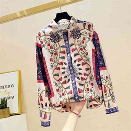 Spring Autumn Women's Blouse Palace Style Hit Color Floral Long-sleeved Top Retro French Print Loose Female Tops LL307 210506