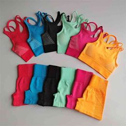 2 pcs Women Seamless Yoga Set Gym Sport Sports Bra Clothes Fitness Crop Top Shirt High Waist Shorts Sportswear 210802