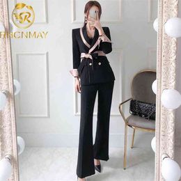 Spring Pants Suit Lace-up Breasted Jacket And Long Business 2 Pieces Korean Slim Work Wear Blazer Set 210506