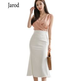 Summer Pink Sleeveless V-Neck Vest Top Bodycon Fishtail White Skirt Women Sexy Two Piece Party Suit Dress 210519