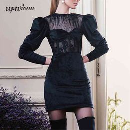 Free Spring Women's Lace Velvet Dress Sexy O-neck Long Sleeve Bodycon Club Night Party Mini Vestidos 210524