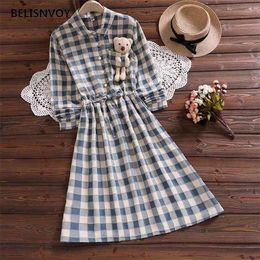 Mori Girl Cute Sweet Plaid Dress Japan Style Autumn Fashion Arrival Cartoon Bear Mosaic Long Sleeve Women Casual Vestidos 210520