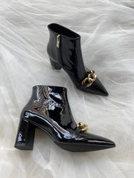 fashion women chunky heel Boots ankle booties sexy point toe gladiator botas patent leather boot side zip gold chains