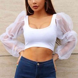 Women Spring Mesh Spliced Blouses Puff Sleeve Tops And Blouses White Black Sexy Vintage Shirt Women Crop Top 210518