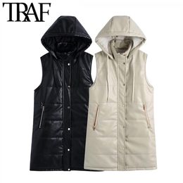 TRAF Women Fashion Faux Leather Hooded Padded Waistcoat Vintage Sleeveless Zip-up Female Outerwear Chic Overcoat 211120