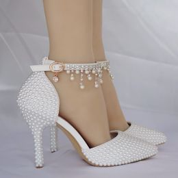 Pointed Toe White Pearl Rhinestone Chain Wedding Shoes Thin Heels Shoes Fashion Bridal Shoes Female Party Sandals