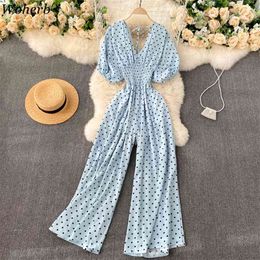 Jumpsuit Women Casual Elegant Polka Dot Puff Sleeve High Waist Chiffon Wide Leg Playsuit Female Rompers Bodysuits 210519