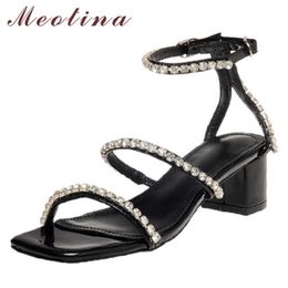 Meotina Women Shoes Ankle Strap High Heel Sandals Crystal Square Toe Thick Heels Footwear Lady Summer Sandals Black Big Size 40 210608