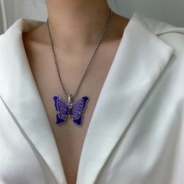 Charming Big Purple Butterfly Pendant Necklace Silver Colour Alloy Metal Simple Style for Women Bohemian Jewellery