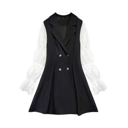 PERHAPS U Black Patchwork Notch Collar Puff Sleeve Long Sleeve Double-breasted Mini Dress Elegant Autumn D1718 210529