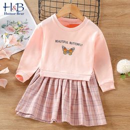 Humour Bear Girls Dress New Spring Autumn Long Sleeve Cartoon Printed Fake Two Piece Casual Toddler Kids Clothes Q0716