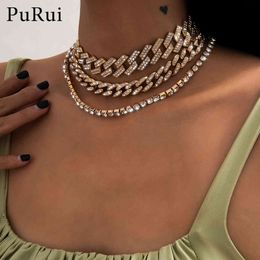Hip Hop Iced Out Paved Rhinestones Choker Multilayered Miami Curb Cuban Chain CZ Bling Rapper Necklaces Women Men Jewellery Gift X0509