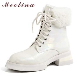 Meotina Motorcycle Boots Woman Genuine Leather Med Heel Ankle Boots Platform Thick Heel Short Boots Lace Up Ladies Shoes Beige 210608