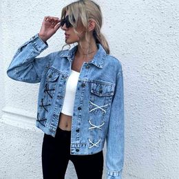 Streetwear Women's fashion loose blue jean jacket rope denim jacket Feamle autumn and winter vintage Denim Jackets Women coats 210514