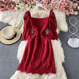 Women Lace Hollow Out A-line Midi Dress Vintage Summer Elegant Party Night Dresses Korean Robe Solid Casual Vestidos 210519