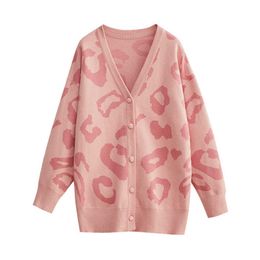 PERHAPS U Women Sweater Knitted Long Sleeve Pink Leopard Cardigans V Neck Winter Outwear M0036 210529